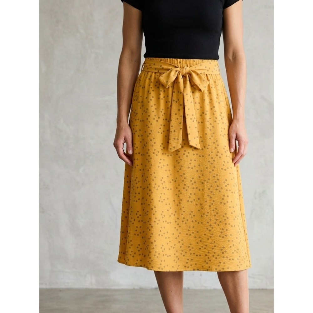 NYCC Polka Dot Mustard Yellow Tie Waist Midi Skirt Large